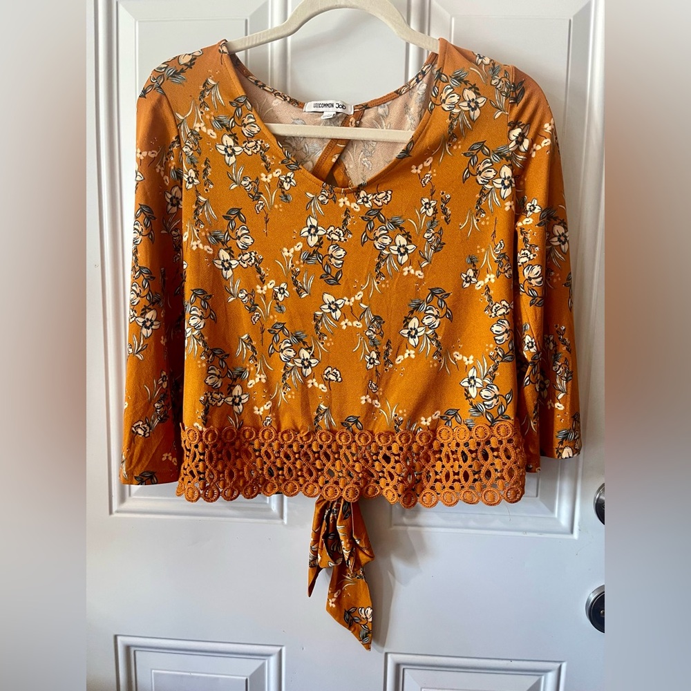 Uncommon Mustard Floral Blouse with Lace Trim